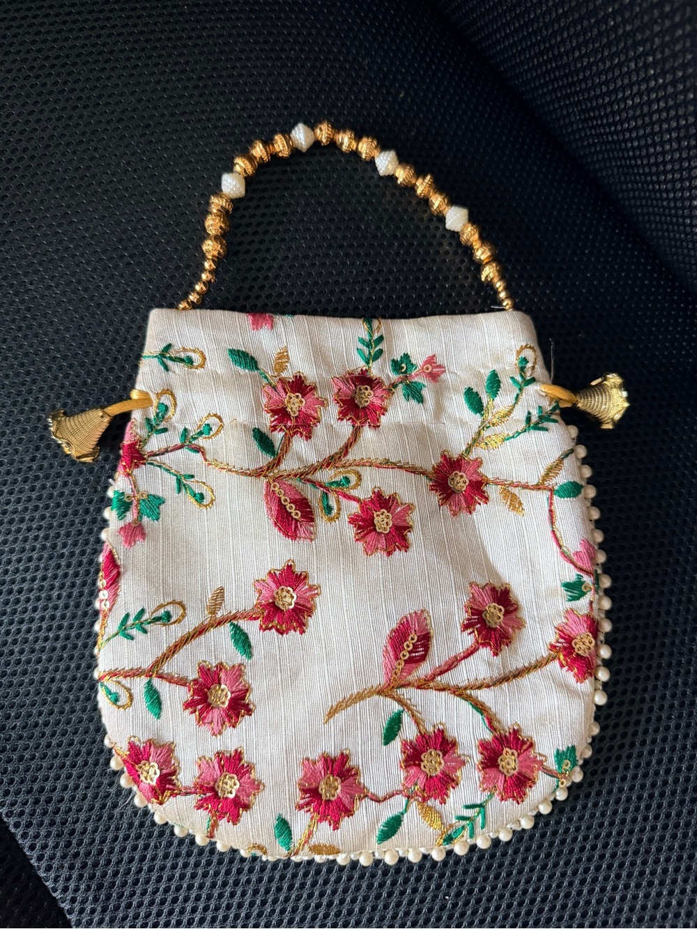 Embroidered Floral Beaded Handle Women's Evening Bag - potli bag